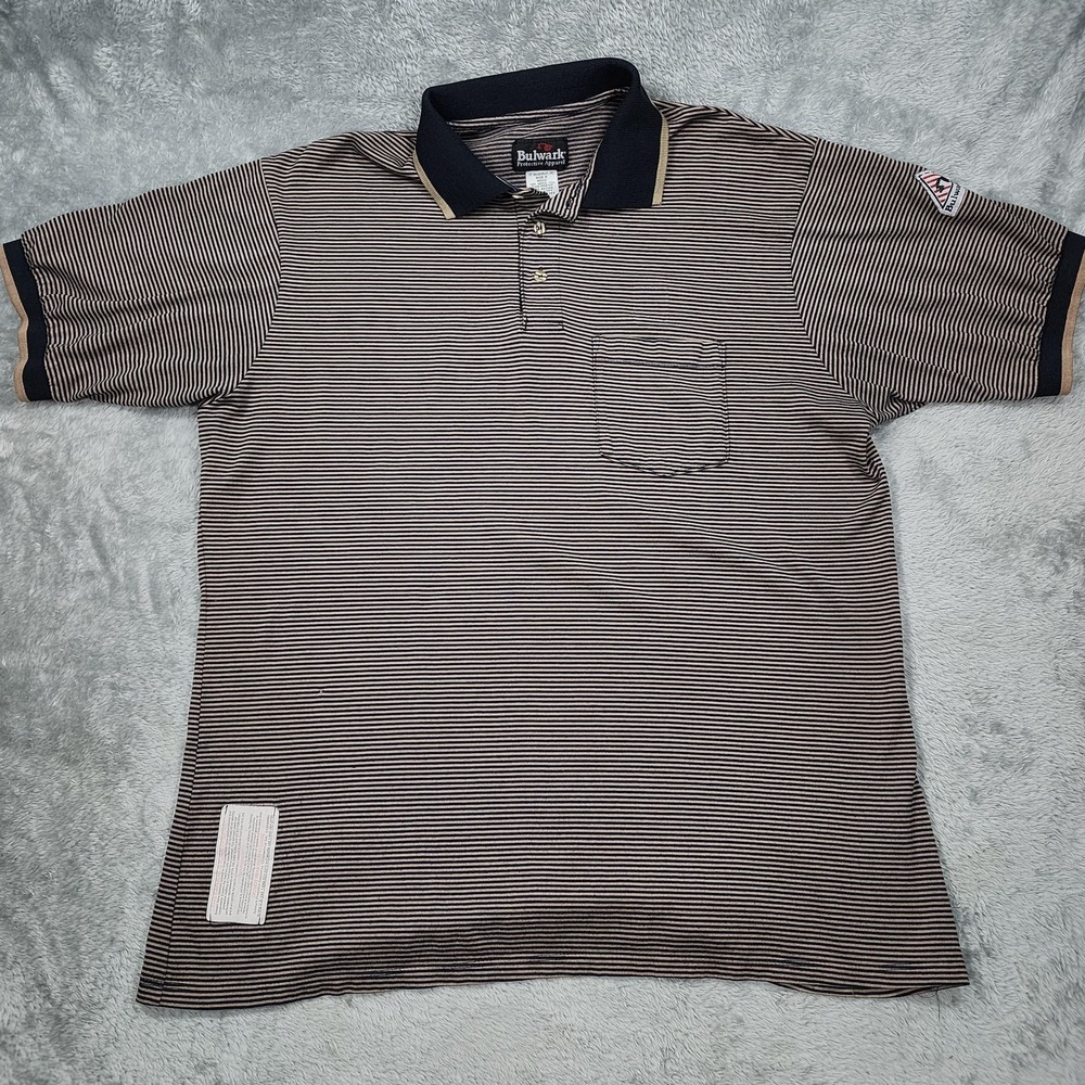 Bulwark Polo Shirt‎ Mens Large Navy Tan Flame Resistant Nomex Workwear Pocket